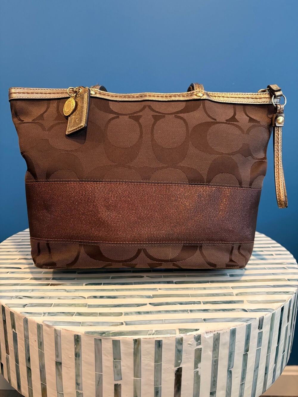 2000s Coach Signature Stripe Metallic Tote